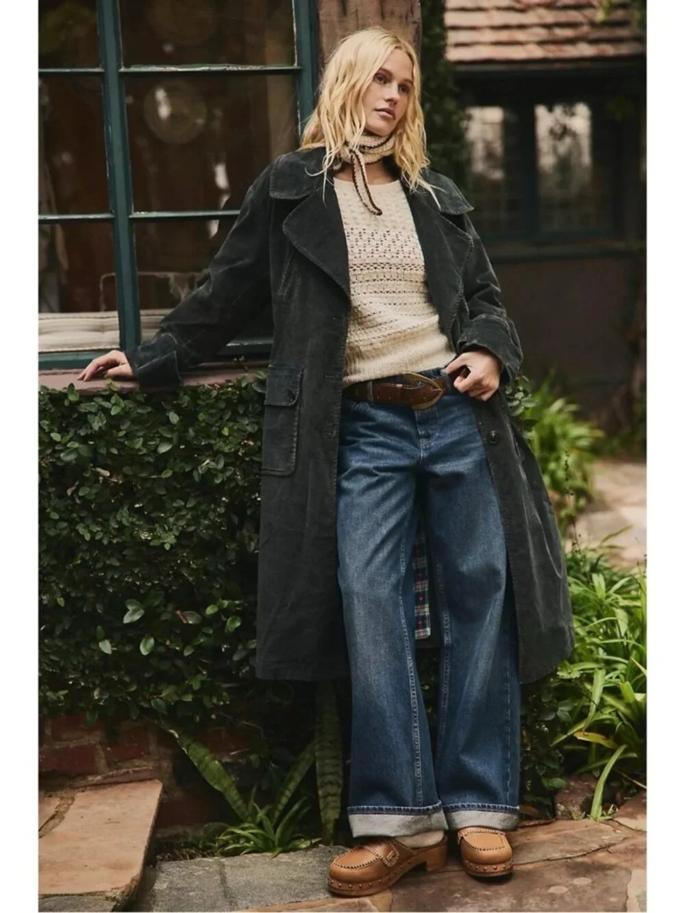Free People Retro 70s Fox Cord Corduroy Duster Trench Coat Dark Charcoal Large